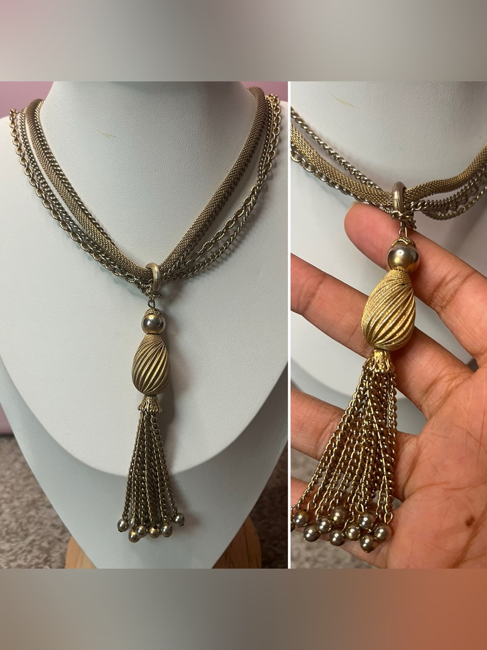 Vintage Gold-Tone Multi-Chain Tassel Pendant Necklace
